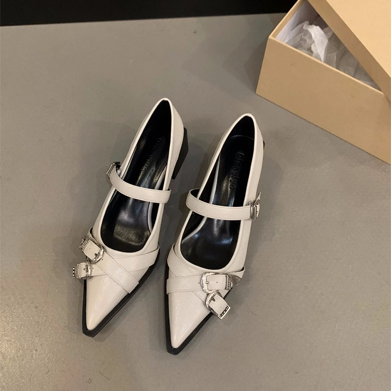 Pointed Toe Mid Heels Women Shoes 2024 Autumn New Buckle Shallow Dress Elegant PU Leather Woemn Shoes Zapatillas Mujer Pumps