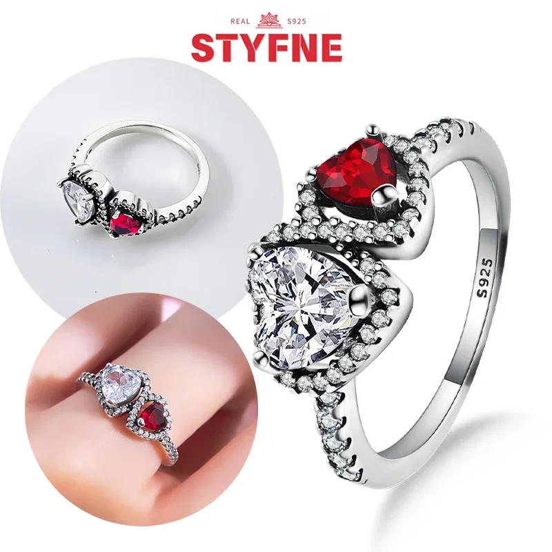 

New Sterling Silver S925 Double Heart Classic Red Love Rings Original Charm Rings for Women Fine Jewelry Valentine's Day Gifts