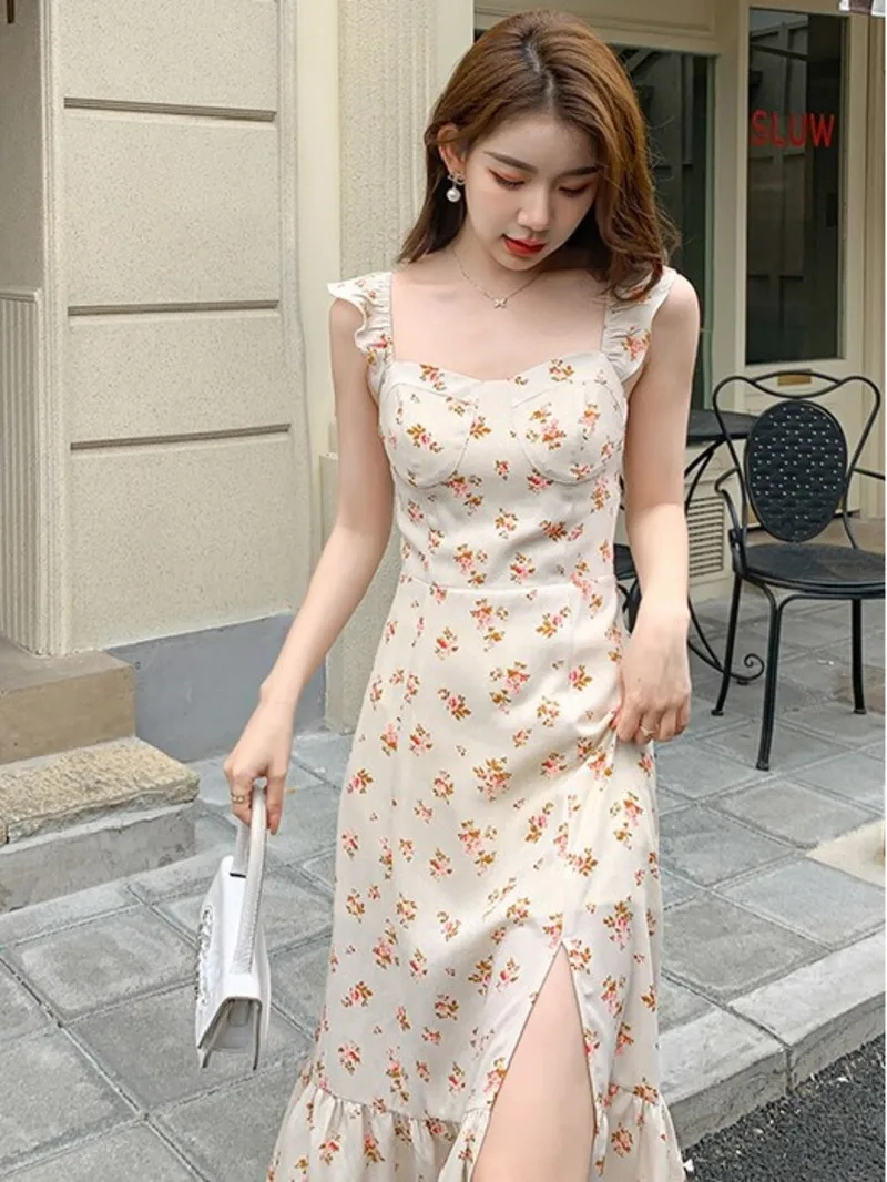 

Dress 2024 New Women's Summer French Waist Wrap for Slim Appearance Elegance Fragmented Flower Split Gentle Style Hanging 5ZKD