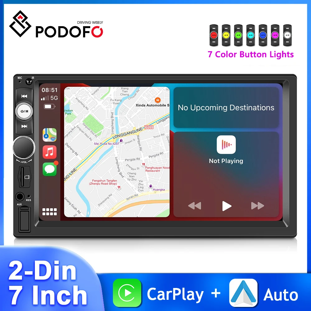 Podofo 7'' Car Radio Carplay Android Auto MP5 Multimedia Player Voice Control D-play MIC Rearview Camera Touch Screen Autoradio