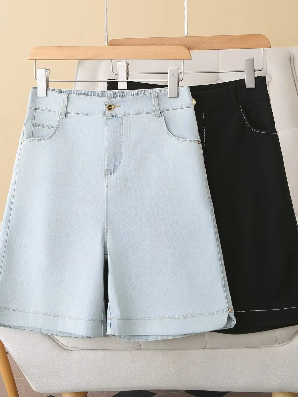 

High Waist plus Size Denim Shorts Women's Summer Thin Slimming Five-Quarter Casual Pants Trendy Straight Leg Polyester Fiber