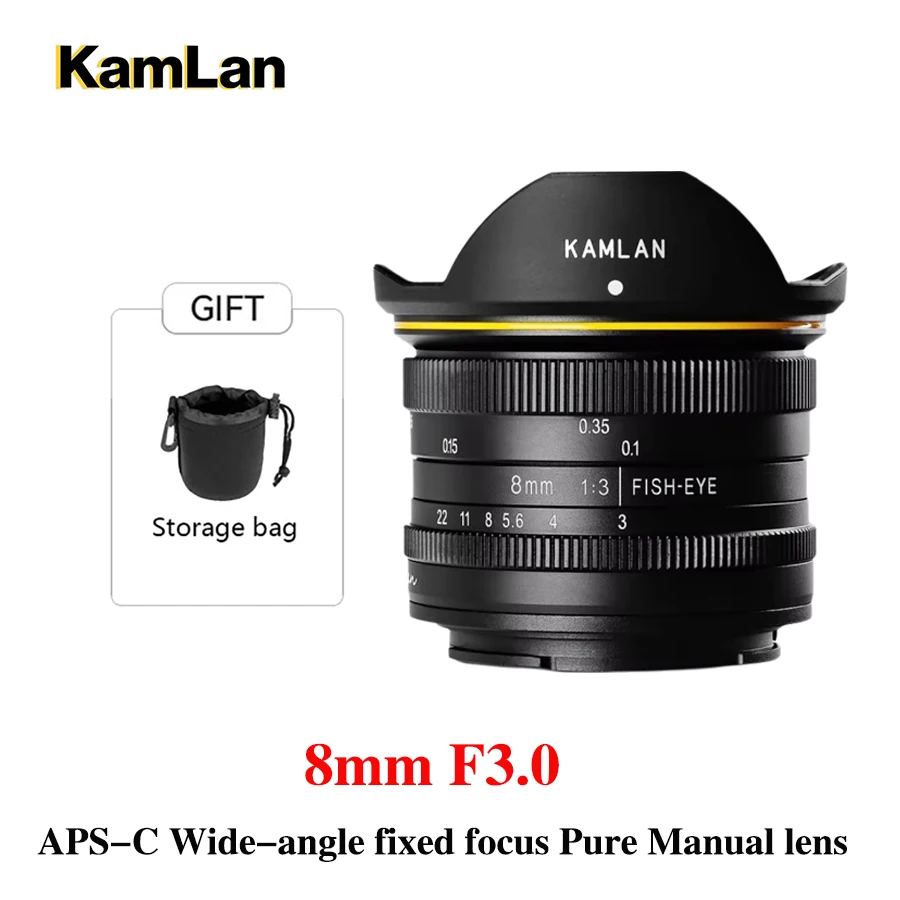 Kamlan 8mm F3.0 APS-C Wide-angle fixed focus Pure Manual lens Mirrorless Camera lens for Canon Fuji Macro 4/3