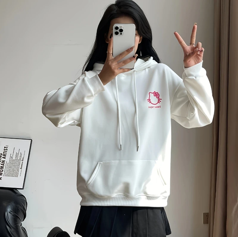 산리오 키티 여성용 루즈 후드티 귀여운 헬로키티 패턴 핑크 리본 화이트 캐주얼 후드티 부드러운 소재 기계 세탁 가능