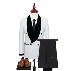 Glitter Men's 2pc Suit Set, Double Breasted Blazer with Black Pants, Wedding Groom Suits, Fashionable Shawl Neck Tuxedo Pants