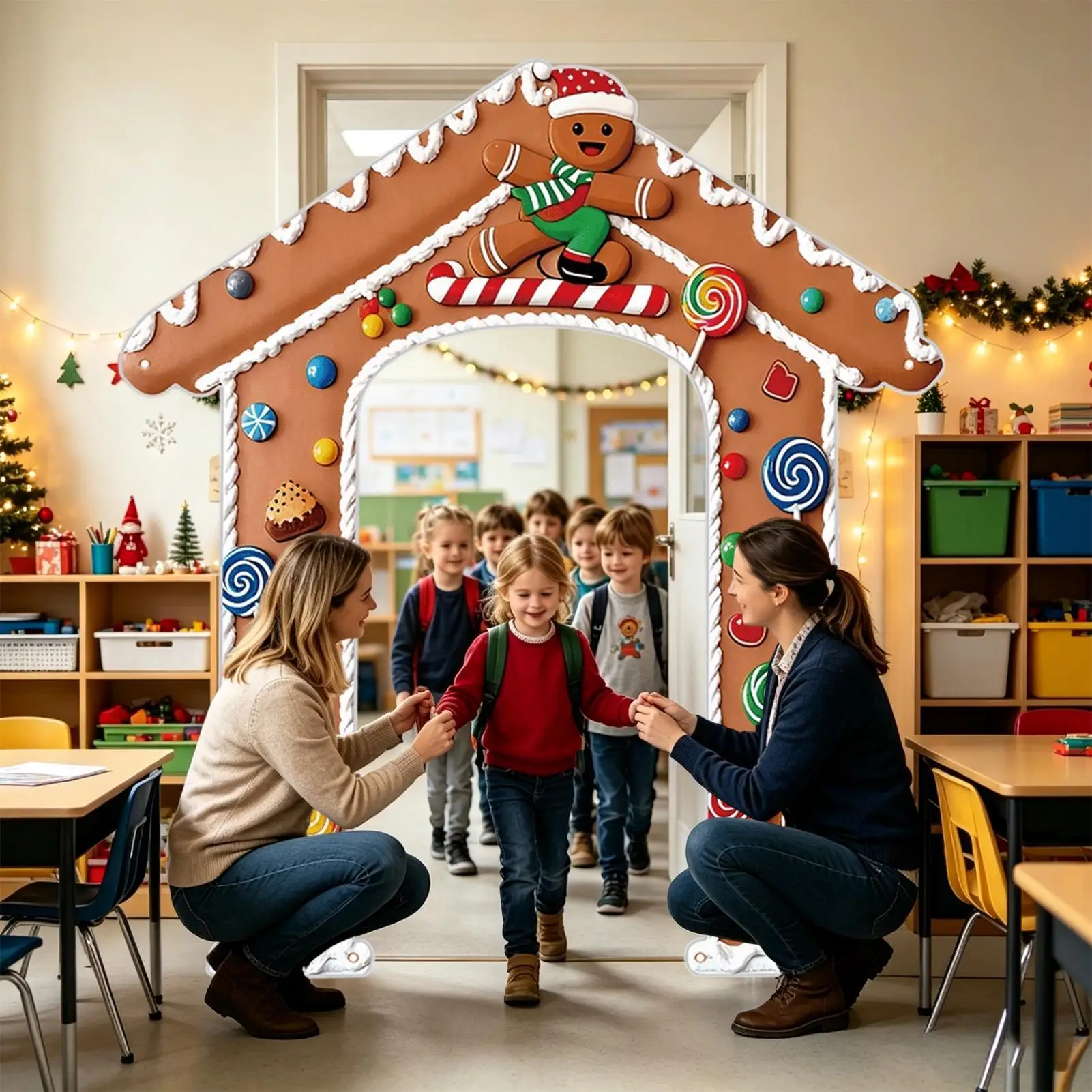 Christmas Door Banner 2D 78x71 Inch Funny Gingerbread Man Candy House Christmas Porch Sign Yard Flag For Outdoor Patio Garden