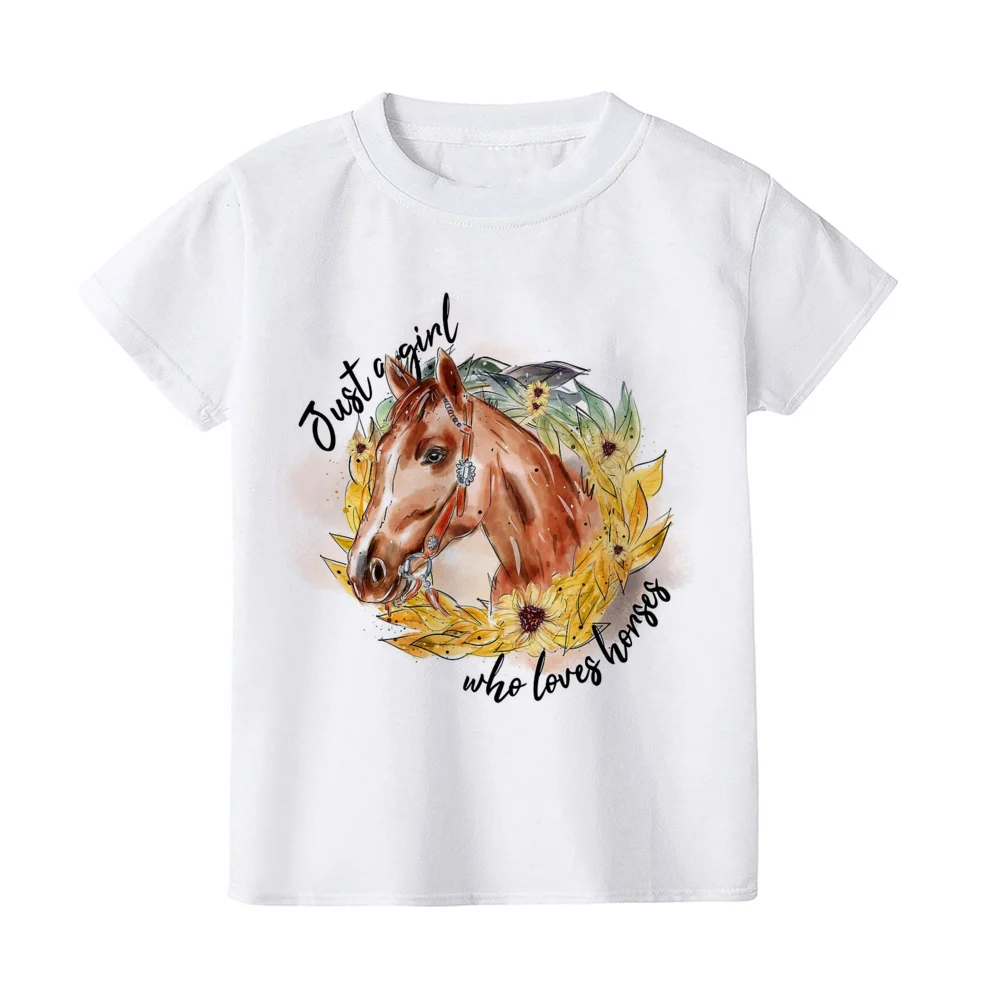 Camiseta con estampado de Just A Girl Who Loves Horses para niños, camisa de manga corta para niños pequeños, ropa bonita para niñas, regalo para