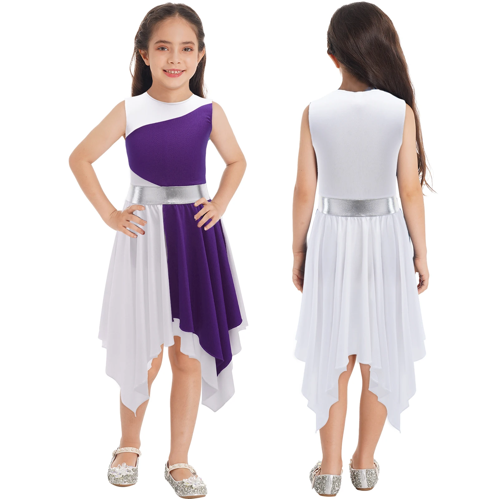 Children Church Choir Costume Girls Contemporary Praise Lyrical Dance Dress Sleeveless Asymmetrical Hem Ballroom Waltz Dancewear