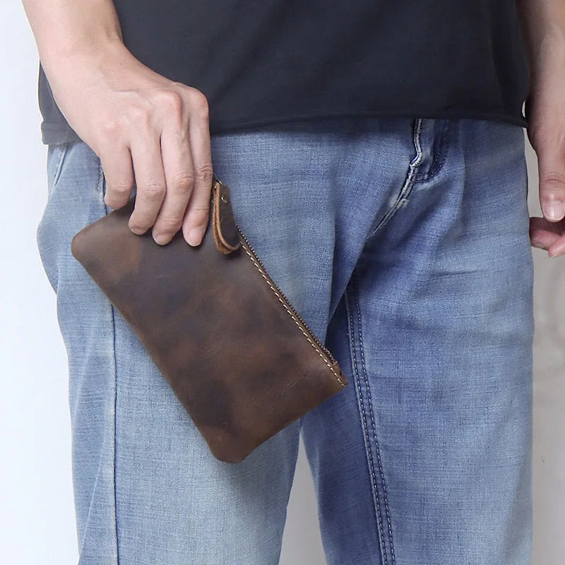 

Crazy Horse Leather retro envelope clutch for men, zipper clutch, genuine leather, light and simple storage bag