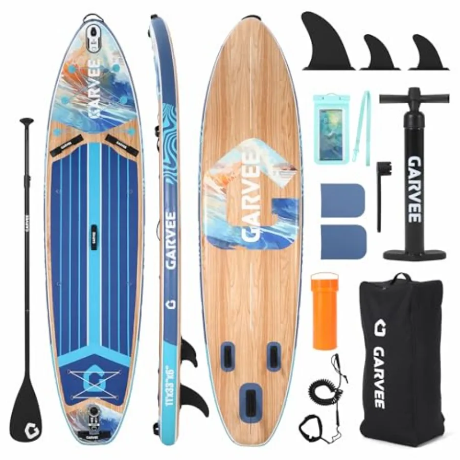 

Inflatable Paddle Board for beginners, PVC drop-stitch material, blue, 450LB capacity, wide stable design, includes large paddl