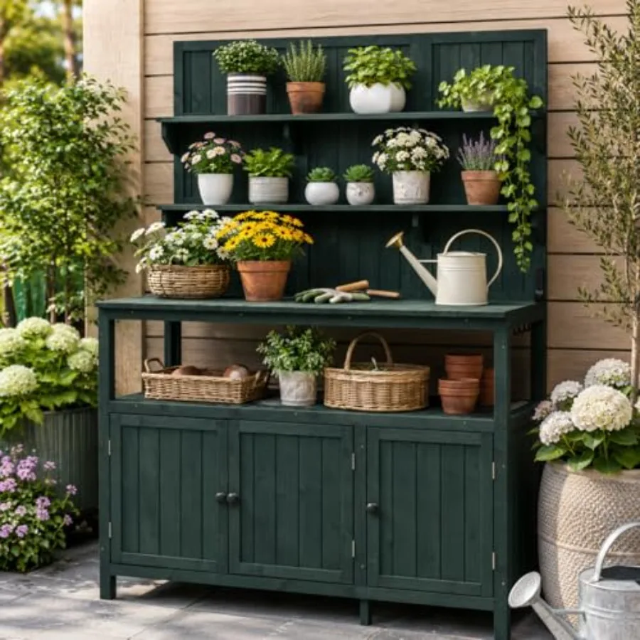 Garden Potting Bench with Hutch, Solid Fir Wood Workstation