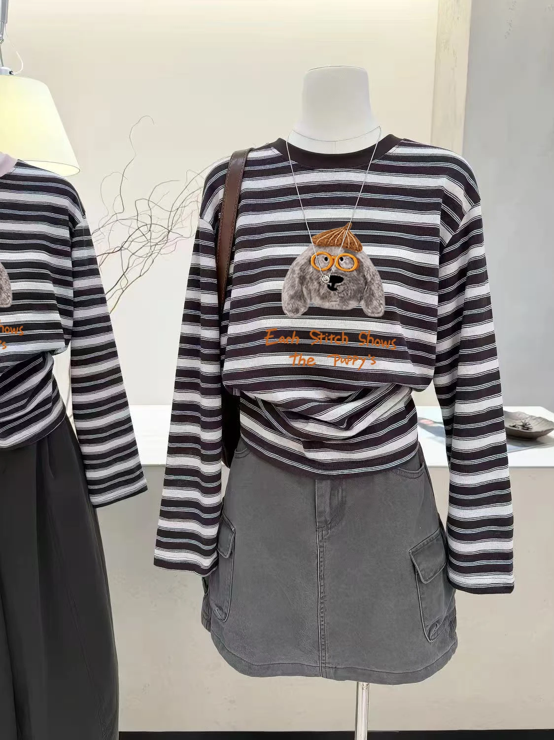 Retro Striped Print Long Sleeve T-Shirt Women's Loose Fit round Neck Slimming Versatile Youthful Cover up Top for Autumn