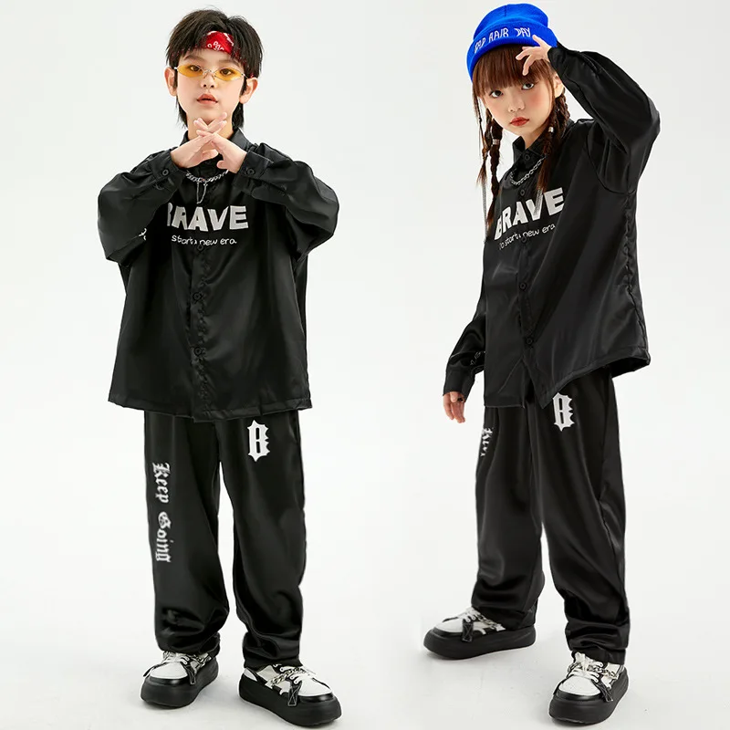 Kid Cool Hip Hop Clothing Black Letter Print Shirt Casual Street Wide Pants for Girl Boy Jazz Dance Costume Clothes Set Outfits