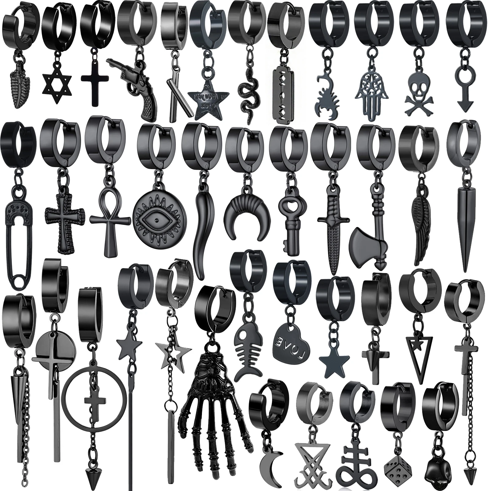 1Pair 54 Different Types Shape Unisex Black Color Stainless Steel Dangle Piercing Earring For Women Men Punk Gothic Hoop Earring