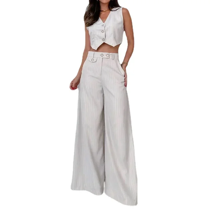 Striped Vest Top & Cuffed Pants Set Women Pant Sets Wide Leg Two Piece Suit Single Breasted High Waist Elegant Trousers Suits