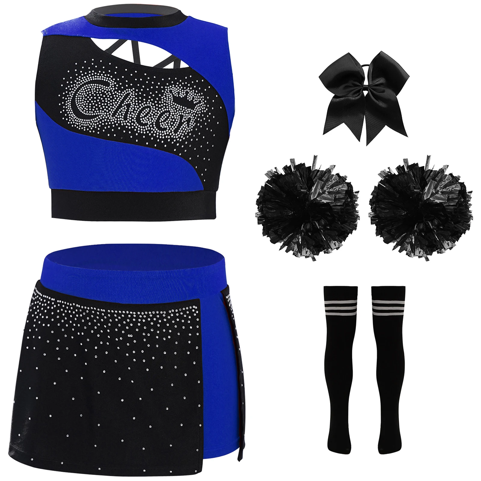 ชุดเชียร์ลีดเดอร์เด็กผู้หญิง ประดับด้วยคริสตัลวิบวับ เสื้อครอปแขนกุดเว้าข้าง+กระโปรงผ่าข้าง+เครื่องประดับศีรษะ+ลูกบอลดอกไม้+ถุงเท้า