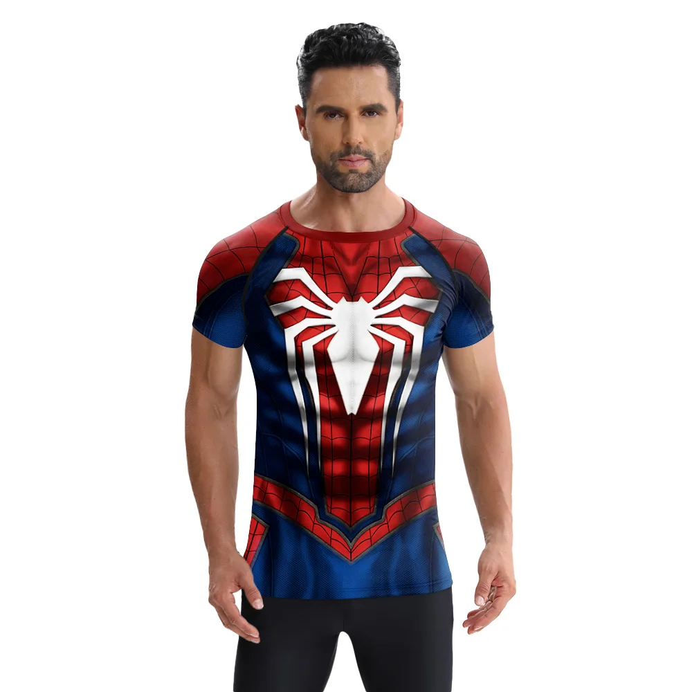 Рубашка супергероя, мужские футболки с принтом паука, летняя модная уличная быстросохнущая мужская компрессионная футболка с короткими рукавами серии «паук»