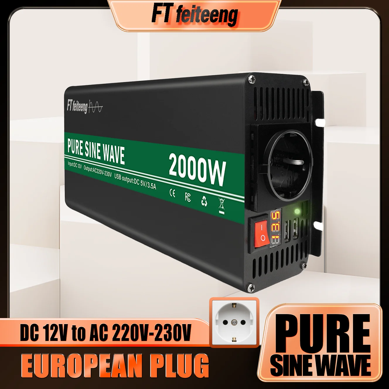 

Инвертор мощности FT Feiteeng Pure Sine Wave от 12 В до 220 В переменного тока, вилка европейского стандарта для автомобильной солнечной системы RV, с ЖК-дисплеем и портами USB