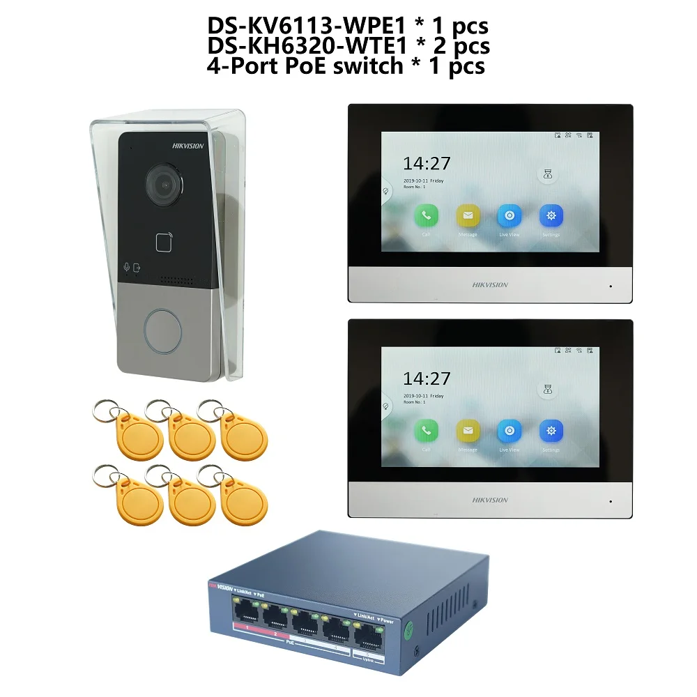 Hikvision mehrsprachiges 802.11af Poe Video Intercom Kit, inklusive DS-KV6113-WPE1 (c) & DS-KH6320-WTE1 & Poe Switch