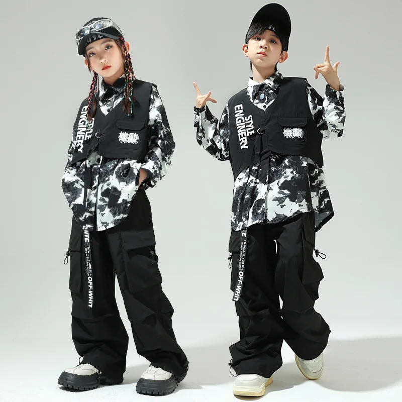 어린이 남아 여아 스트리트웨어 루즈 캐주얼 카고 재킷 바지 세트 트랙수트 무대 의상 어린이 패션 힙합 의류