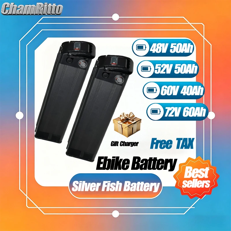 

E bike battery 72V 60V 48V 36V 52V 30Ah 40ah 50ah Silver Fish high-capacity Liion battery pack For 750W 1000W 1500W 2000W motors