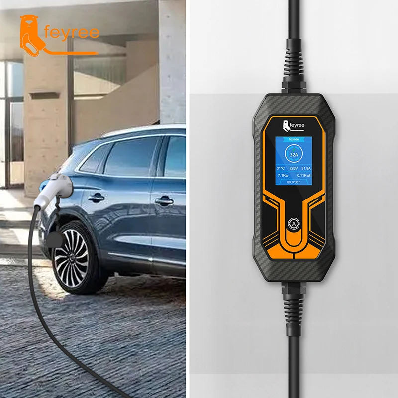 feyree Portable EV Charger Wallbox GB/T Cord 7KW 32A 5m Cable 1Phase EVSE Charging Box Charging Station for Electric Vehicle Car