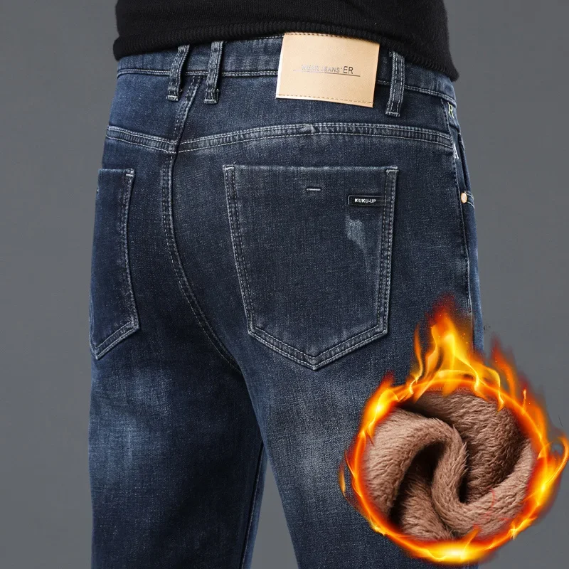 Slim Elastic Jeans Thick Men's Fleece Fashion Vintage Straight Trousers Warm Velvet Casual Business Brand Plush Denim Pants