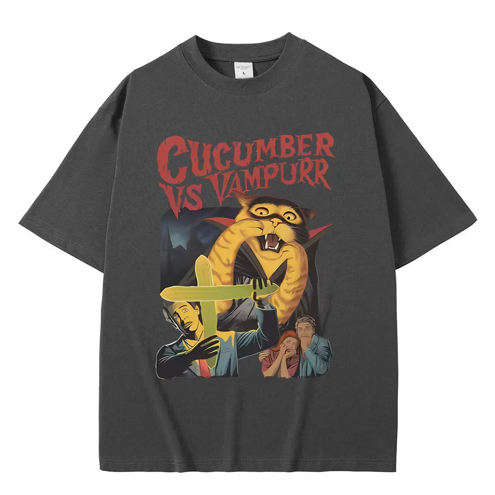Funny Cucumebr Vs Vampurr Cat Tshirt Vintage The Return of Vampurr Cats Meme T-shirt Men Women Fashion Casual Oversized T Shirts image 3
