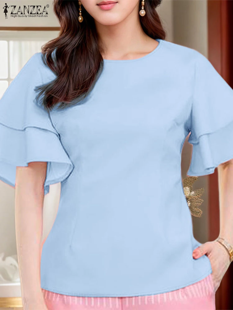 

ZANZEA Women Fashion Blouse 2025 Summer Half Sleeve Ruffled Tops Casual Loose O-Neck Solid Color Shirts Elegant Blusas Femininas