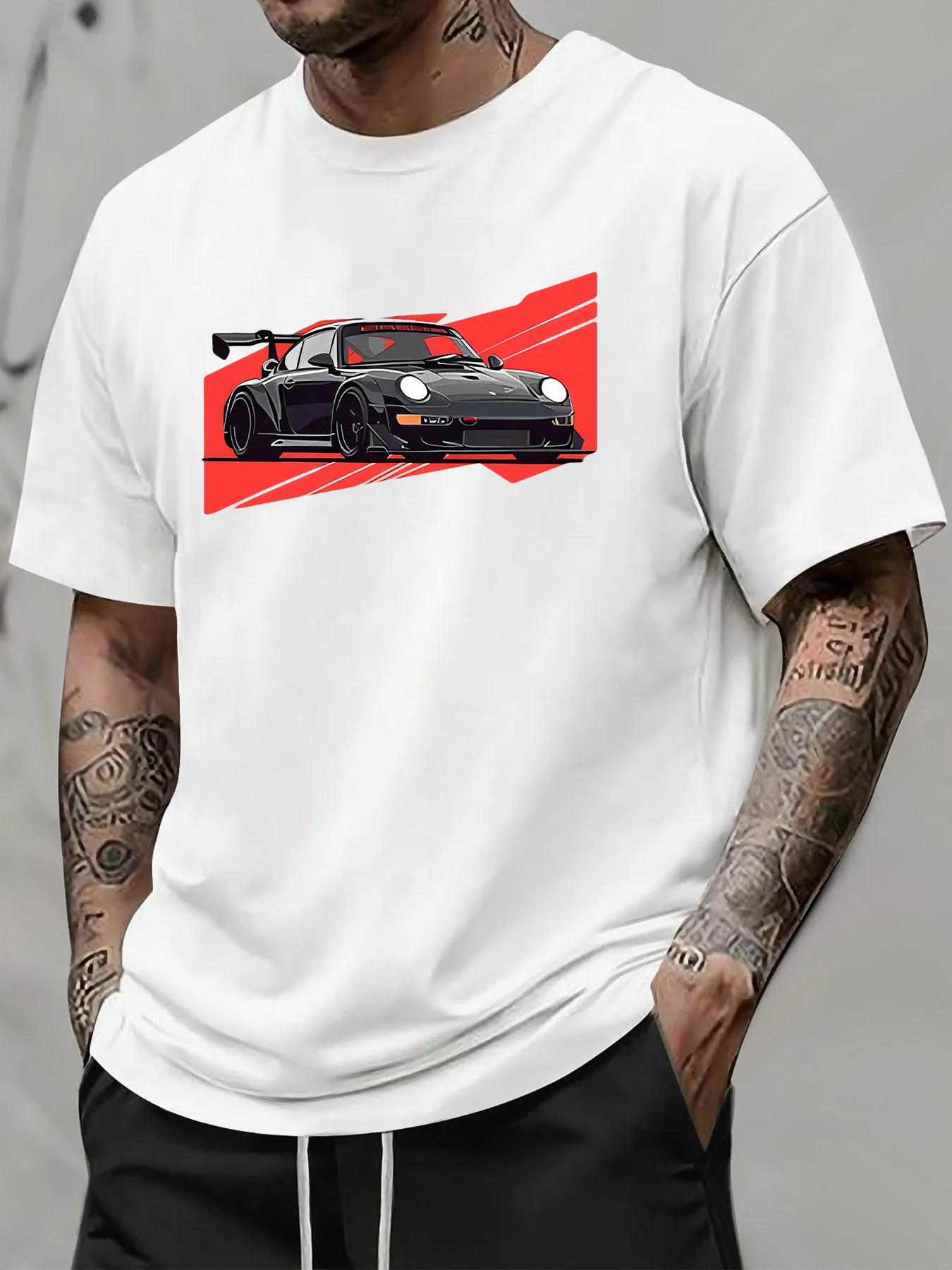 Dynamic Black Sports Car Print T-Shirt 100% Cotton O-Neck Short Sleeve Summer Casual Mens T-shirt Streetwear