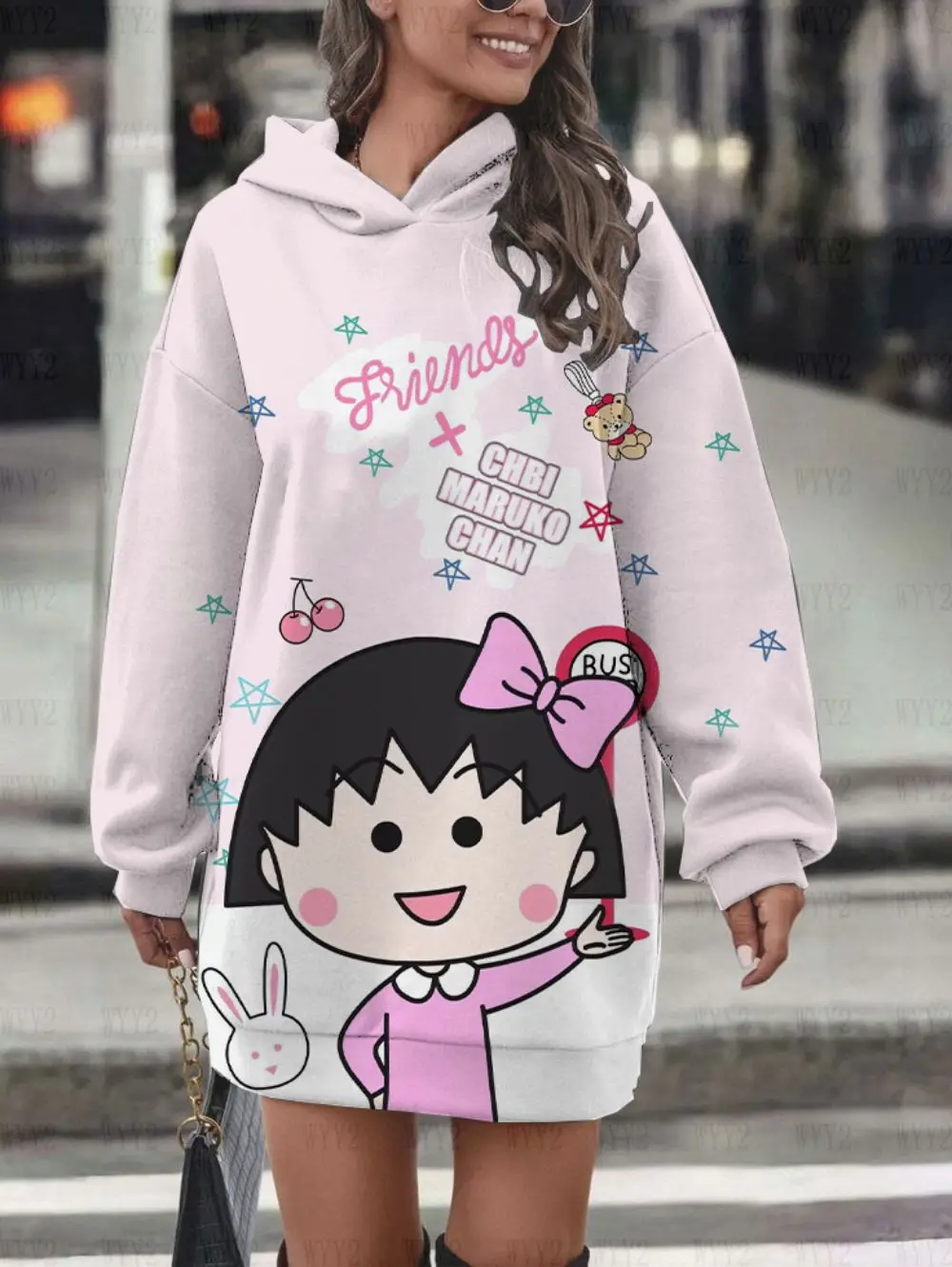 Chibi Maruko cute print pink sweet cute girl age-reducing fashion hoodie dress versatile slimming personality sportswear