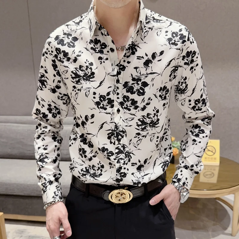 2023 Autumn Flower Shirts Men Fashion Slim Fit Long Sleeve Casual Shirts Business Formal Dress Shirts Social Nightclub Clothing