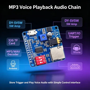 DY-SV5W 5W Class-D MP3 Player Module, Serial UART/IO Control, 65535 Tracks, 24-bit DAC for DIY