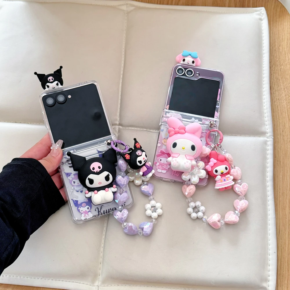 Sanrio My Melody Kuromi 3D Cute Cartoon Stand Holder Phone Case For Samsung Galaxy Z Flip 7 6 5 4 3 Case Hard Cover With Lanyard