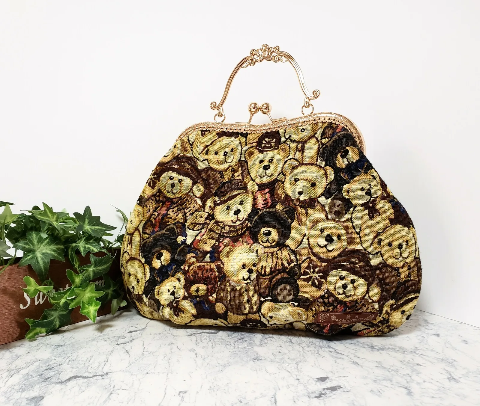 Lost in Vintage Teddy Bear Petite Point Print Purse Clutch Petite Point Handbag Metal Kiss Lock Pouch Evening Bags 30x25x6cm