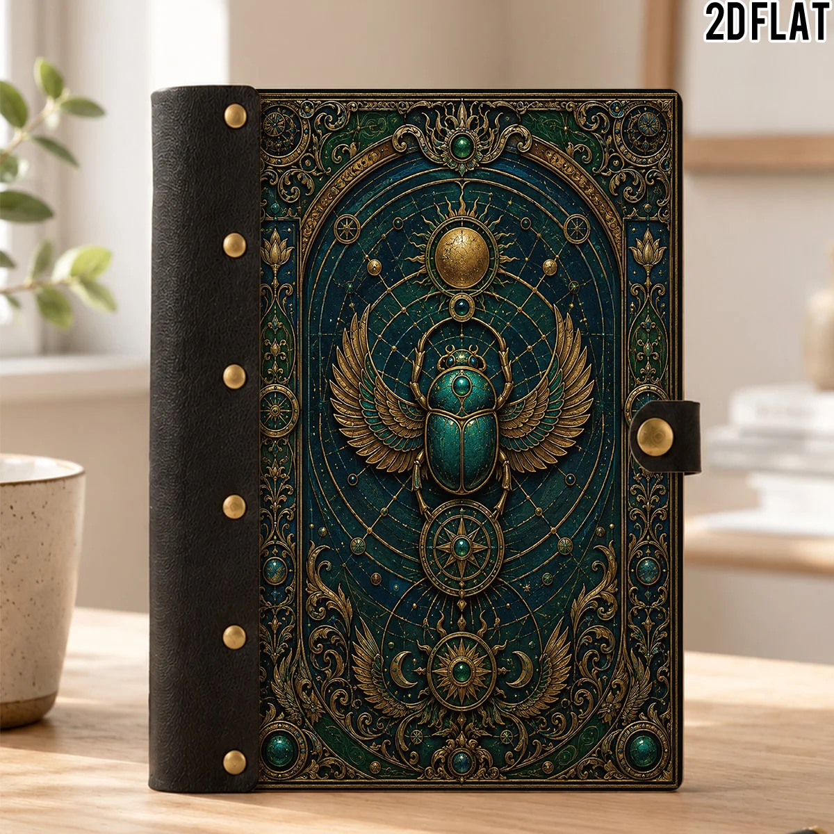 1PC 2DFlat Wooden Notebook, Hardcover Winged Scarab Ancient Egyptian Celestial Frame Print, 100 Pages With Leather Rivet Craft D