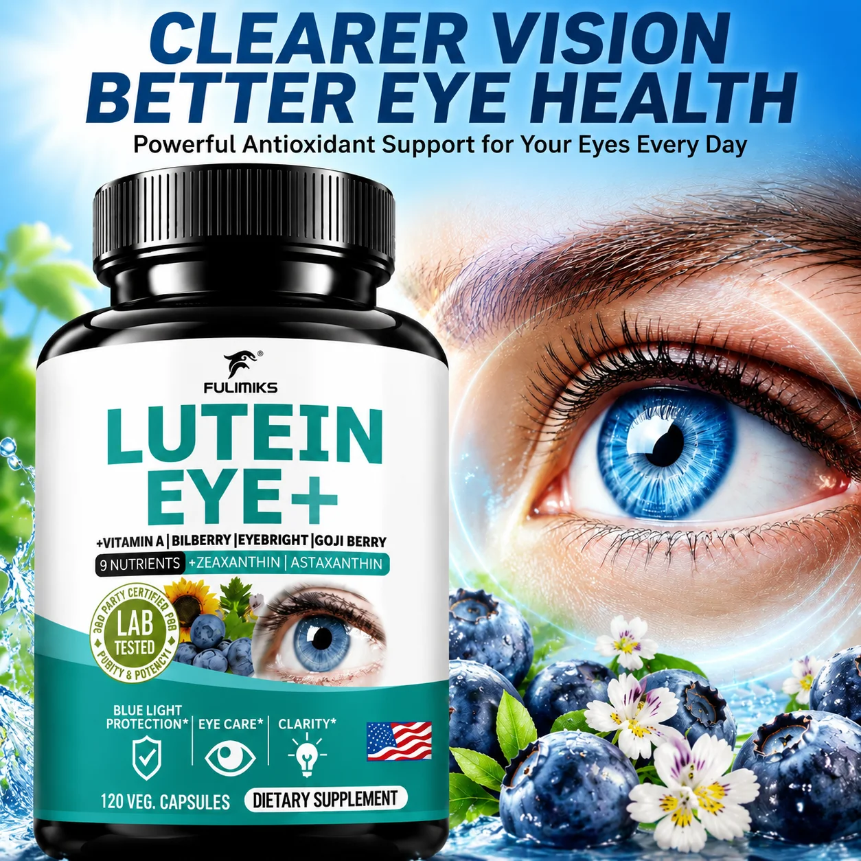 Lutein Eye+ 9‑in‑1 Capsules, Lutein, Zeaxanthin & Astaxanthin, Helps Against Blue Light Exposure, Relieve Eye Fatigue & Dry Eyes