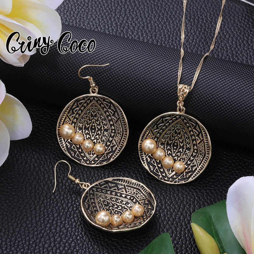 Cring Coco Women's Hawaiian Polynesian Fashion Jewelry Set Vintage Gilded Concave Circle Pearl Necklace Earrings Sets For Women