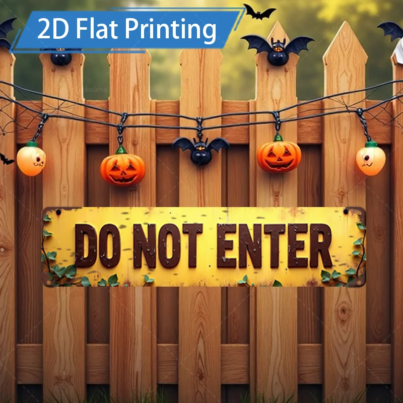 Letrero de metal de 1 pieza, letrero de Halloween "NO ENTER" de 4x16 pulgadas con murciélagos de calabaza, decoración de valla de madera rústica
