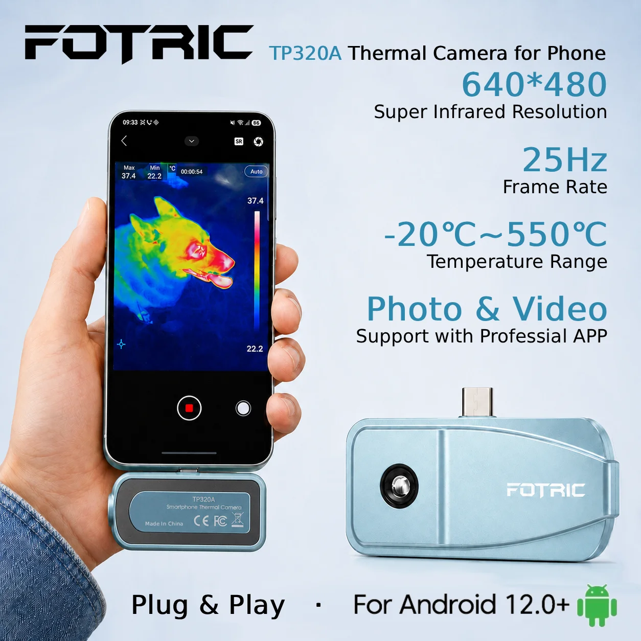 FOTRIC TP320A Android Phone USB-C Thermal Camera, Native 320x240 IR Resolution, 640x480 Super Resolution, 25Hz, NETD ≤ 35mK, -4F ~ 1022F (-20°C~ 550°C), Infrared Thermal Imager for HVAC, Electrical, Automotive, Home Inspection,Heat Loss Detection,Outdoors