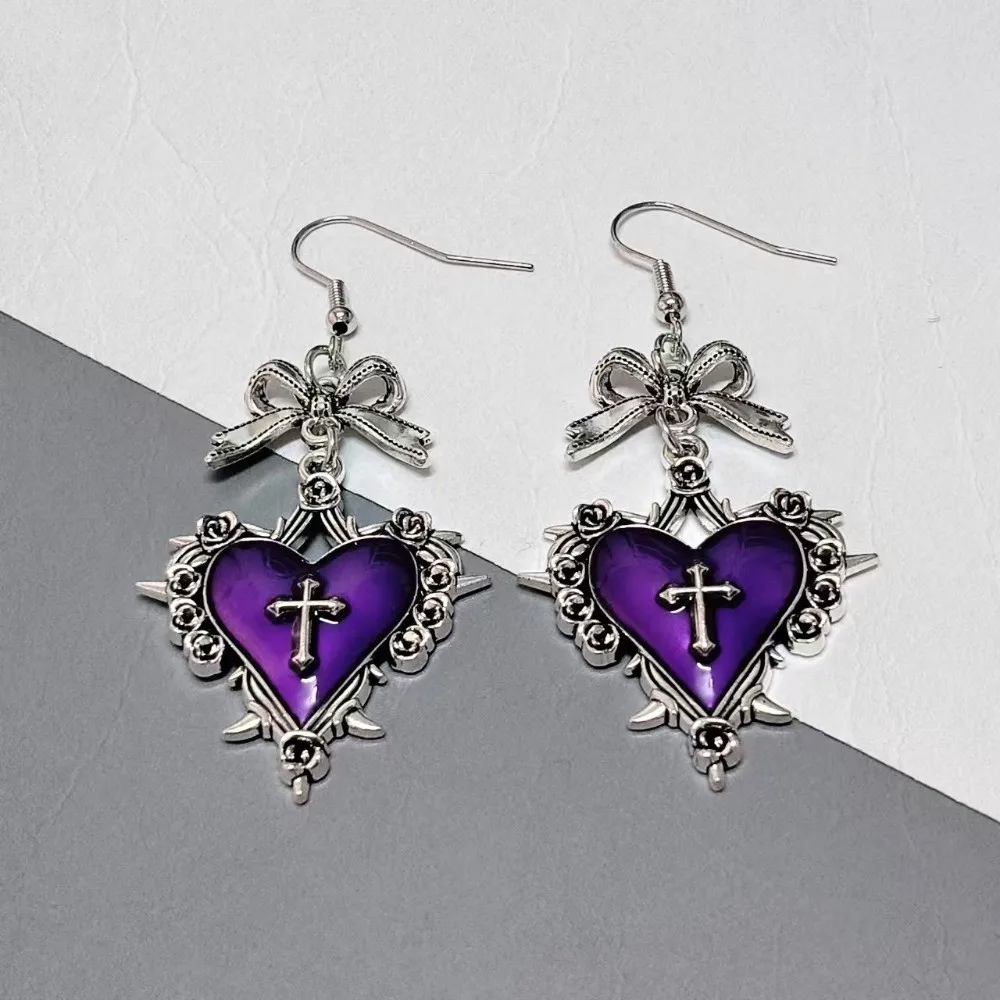 Vintage Red Enamel Thorn Rose Drop Earrings Silver Exquisite Heart Cross Earrings Durable Bow Halloween Dangle Earrings Party