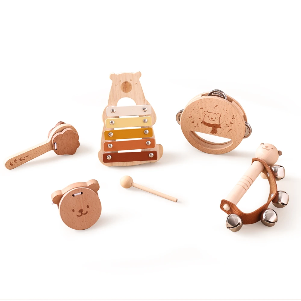 Montessori Baby Instruments Wooden Cartoon Bear instrument Toy Set Child Game Interactive Toy Preschool Musical Educational Gift