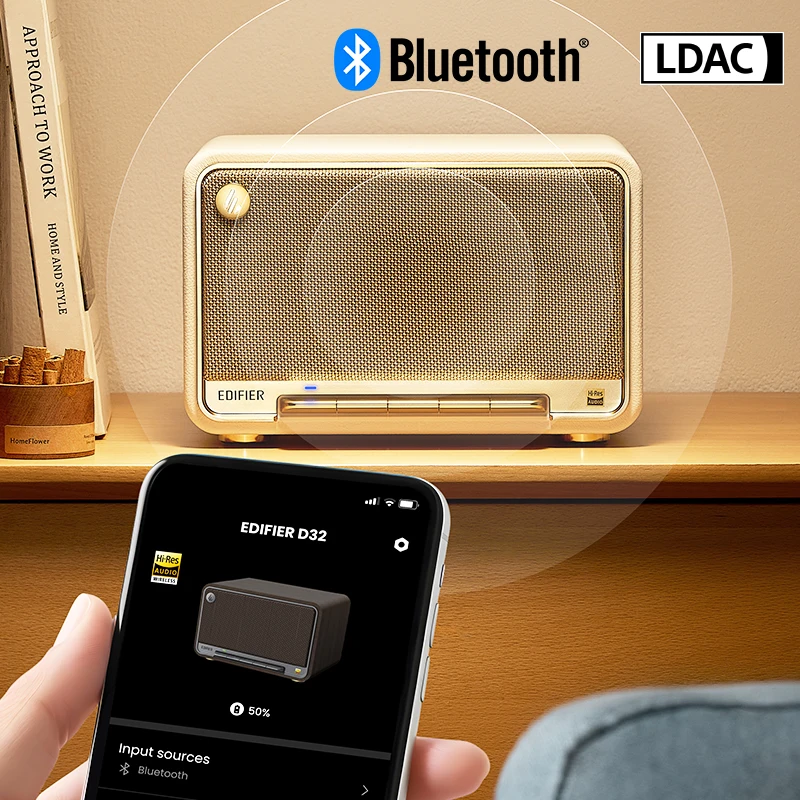 مكبر صوت Edifier D32 لاسلكي على سطح الطاولة مكبرات صوت بخاصية البلوتوث ريترو ترميز LDAC عالي الدقة من النوع C مدخلات Aux تدعم Airplay 60 وات