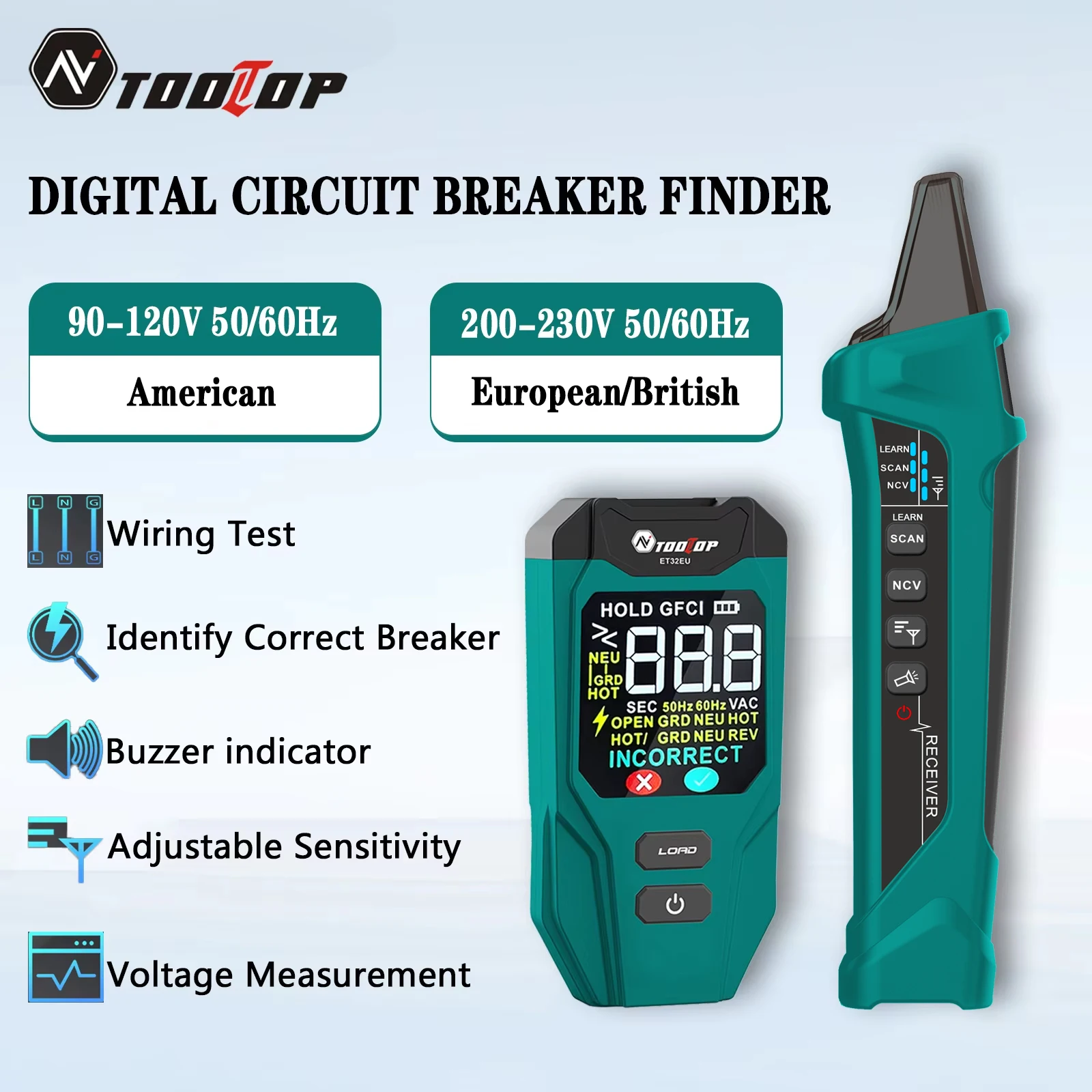 TOOLTOP ET32 Localizador de Disjuntores Elétricos GFCI com Display Colorido, Testador de Tomadas Recarregável e Ferramenta para Detecção de Falhas em Fiação