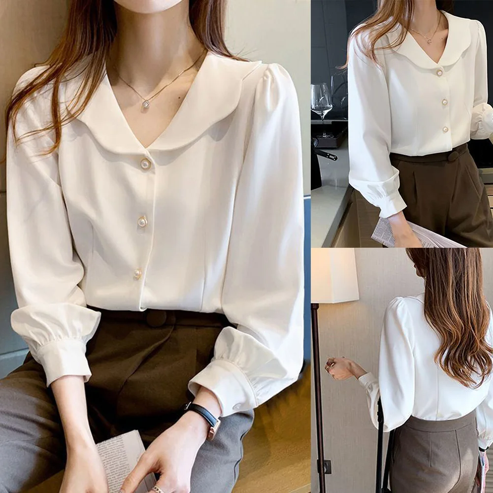 قميص كاجوال بياقة أطفال بيضاء للنزهة قميص نسائي لقضاء عطلة الربيع بلوزة ملابس يومية قميص ينطبق على الإجازة