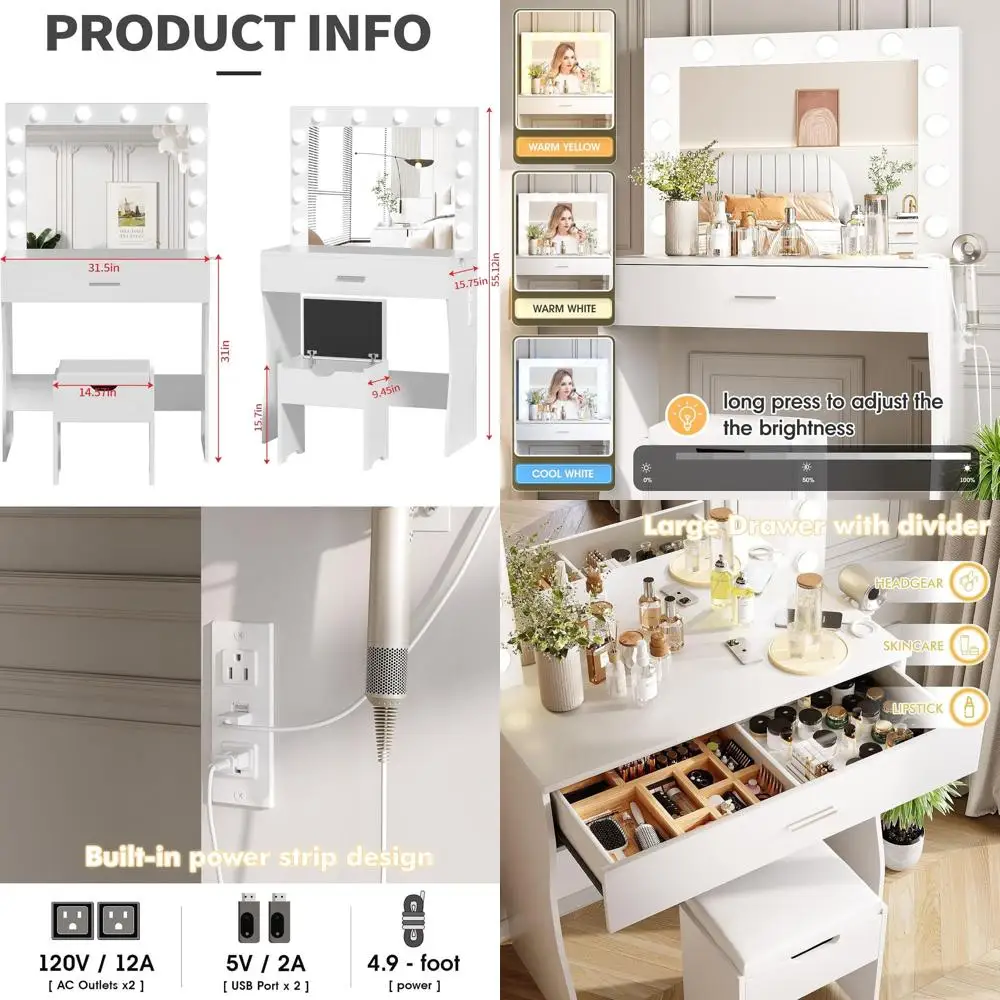 

Makeup Vanity Desk with Mirror, 12 LED Lights, 3 Colors, White Table with Charging Station, Vanity Set with Storage Stool
