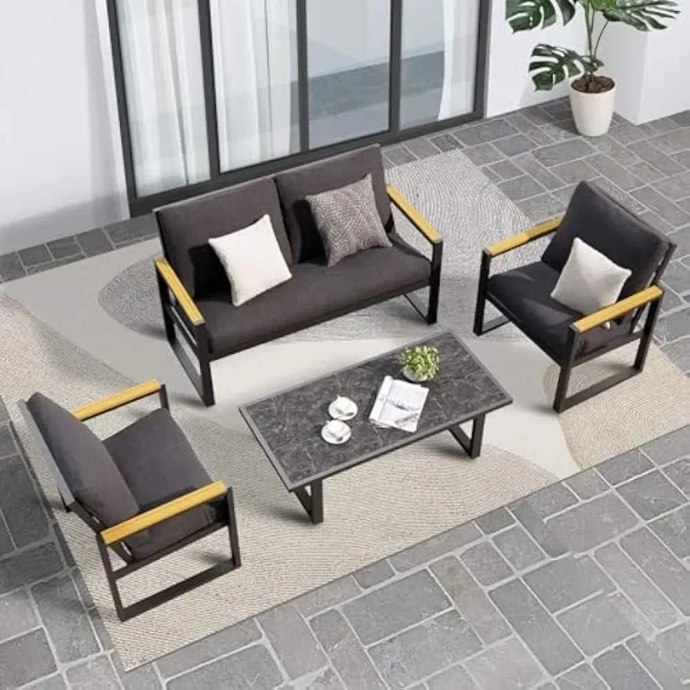 

4 Pieces Aluminum Frame Furniture Set - Patio Modern Conversation Sofa Set, Garden Furniture Set with Single Chairs for Balcony