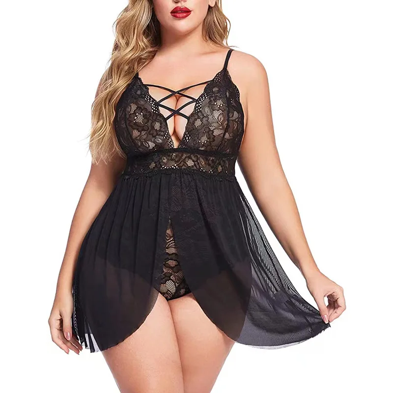 

Plus Size Sexy Lingeries Sleepwear For Women Lace Camisole Nightgown Beautiful Back Transparent Mesh Short Skirt Private Outfit