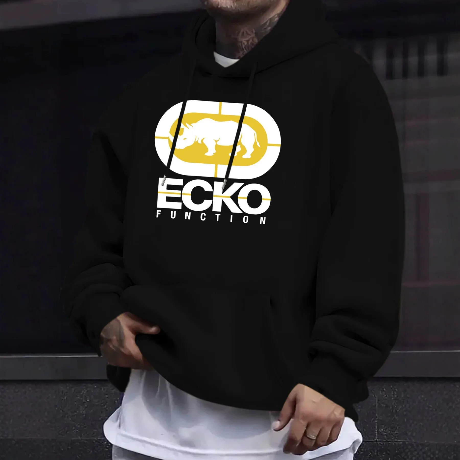 Men's Hoodie, ECKO FUNCTION Rhino Animal Print, Loose Drawstring Kangaroo Pocket Hoodie, Fall And Winter Casual Streetwear Top