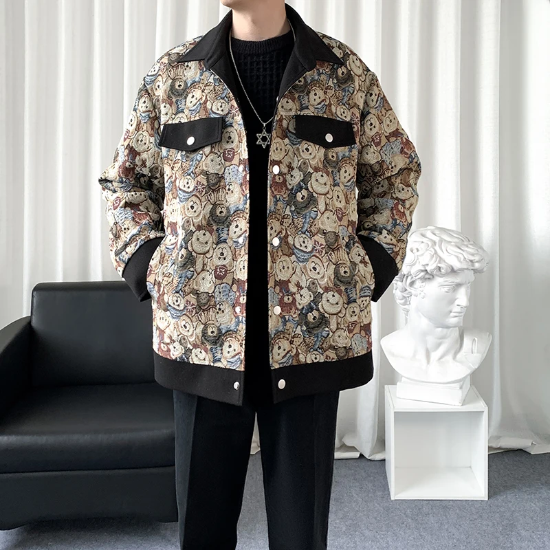 Colorful patterns jacket autumn Men's thick Flip collar Fashion Single breasted short jacket Men Windbreaker Casual jackets