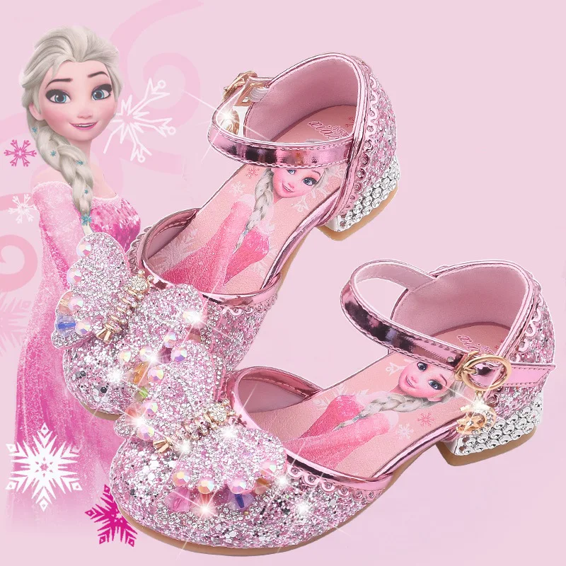 Buty Disney New Elsa dla dziewczynek kreskówka skórzane buty na wysokim obcasie dla dzieci Frozen Princess Kids buciki sandały sukienka królowa